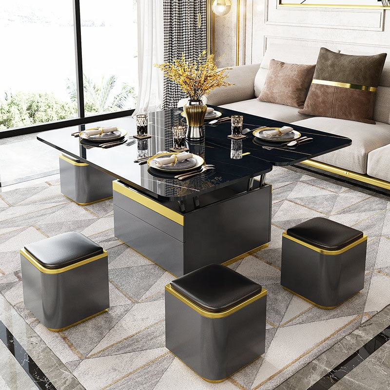 Luxury multifunctional lifting Table marble black coffee table with 6 stools