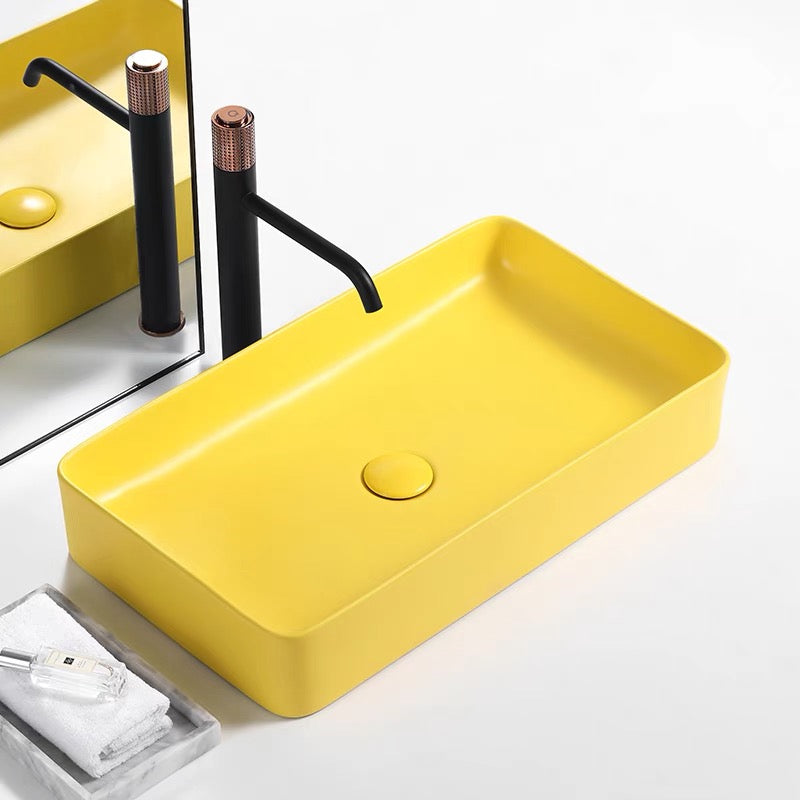 Italian style matte color table top modern vanity washbasin hand wash basin rectangular yellow ceramic bathroom vessel sink