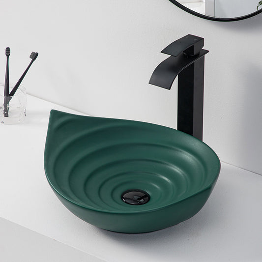 Shell shape modern decor stable top matt green color washbasin bathroom vessel sink hand wash ceramic art basin