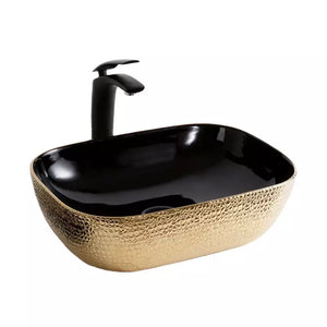 luxury oval ceramic counter top cabinet basin embossed gold bath basin