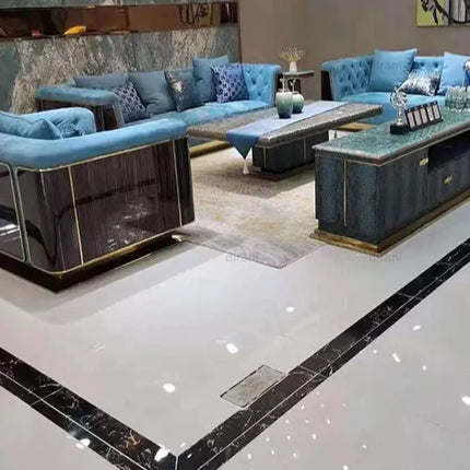 Luxuriöses Wohnzimmer-Sofa-Set aus hochglänzendem Echtleder, lackiertem Teakholzfurnier 