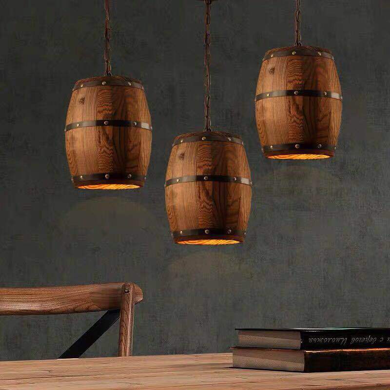 Industrial Rustic Vintage LED Retro Hanging Cask Wooden Wine Barrel Bucket Lamp Chandelier Pendant Lights for Bar
