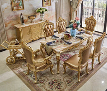 Cargar imagen en el visor de la galería, marble top dining table set solid wood luxury round dining table set 6 chairs,elegant gold dining room table set luxury marble
