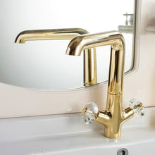 Load image into Gallery viewer, Deck Mounted dual crystal handle Golden basin faucet on stage basin sink
