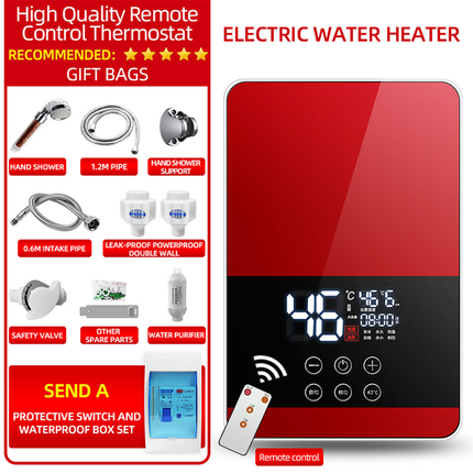 Red Remote Control LED Temperature Display Instant Electric Tankless Water Heater