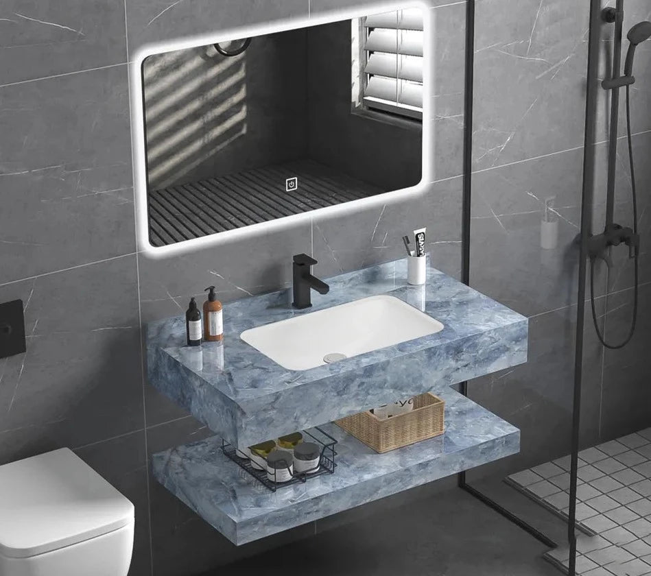 Slate Marble Modern Floating Marble Slate Basin Washroom Wall Mounted Bathroom Vanity Cabinet With Sink
