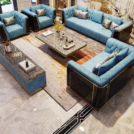 Luxuriöses Wohnzimmer-Sofa-Set aus hochglänzendem Echtleder, lackiertem Teakholzfurnier 
