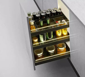 Led Lights Tempered Glass Kitchen storage spice bottle basket pull out Spices, Sauces, Cans Organizer Multipurpose Kitchen Storage Shelves