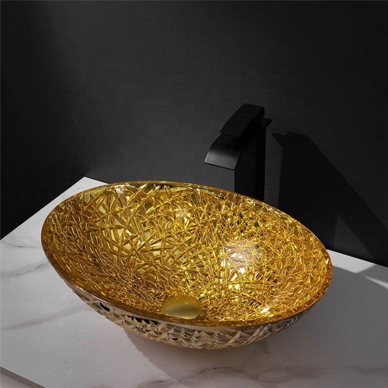 High Grade Electronic Plating Glass Sink Oval Shape Crystal Wash Basin