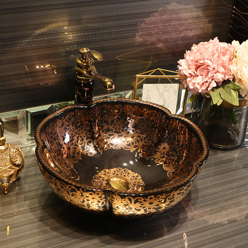 Antique style hand art porcelein wash basin black color with gold pattern bathroom sink flower shape