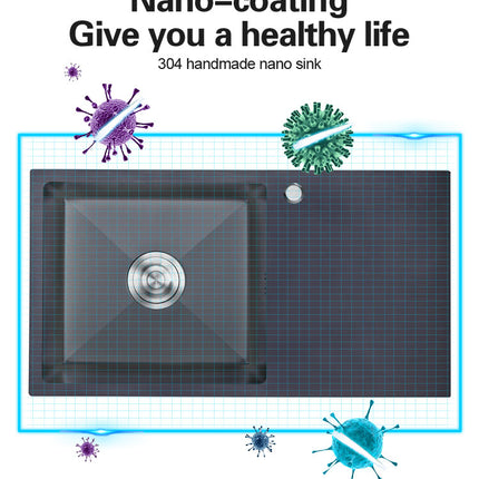 Évier de cuisine noir à une cuve, fabriqué à la main en acier inoxydable 304, avec égouttoir.