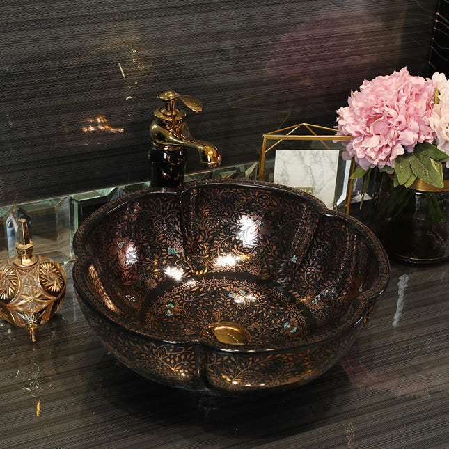 Antique style hand art porcelein wash basin black color with gold pattern bathroom sink flower shape