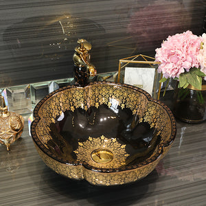Antique style hand art porcelein wash basin black color with gold pattern bathroom sink flower shape