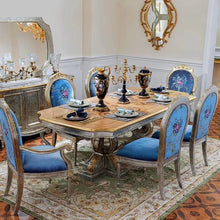 Загрузить изображение в средство просмотра галереи, ANTIQUED PLATINUM GOLD WOOD DINING TABLE SET 6 Seater
