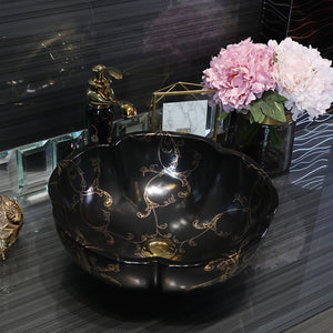 Antique style hand art porcelein wash basin black color with gold pattern bathroom sink flower shape