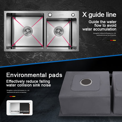 Évier de cuisine rond à double cuve Nano en acier inoxydable 304, couleur argent