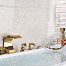 Load image into Gallery viewer, Bathtub Three Handles 5 Pieces Gold Waterfall Shower Faucet With Brass Handheld Spray
