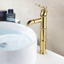 Cargar imagen en el visor de la galería, Bamboo style gold plated deck mounted bathroom sink faucets golden basin faucets
