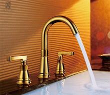 Load image into Gallery viewer, Three Holes Basin Sink Faucet With Swan Spout Gold Finish Bathroom Sink Faucet
