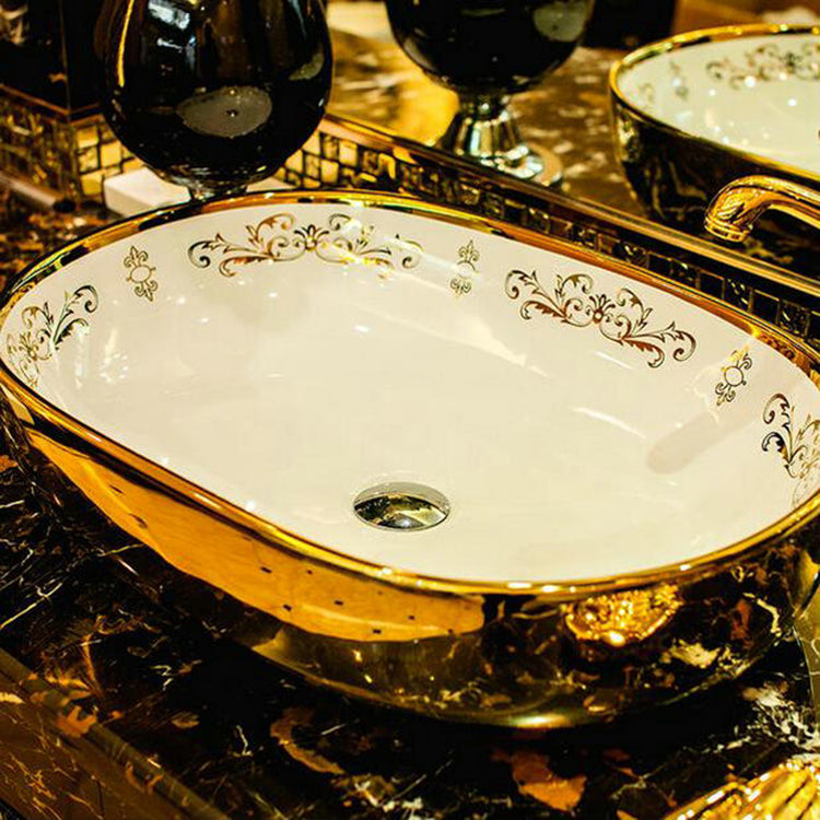 Gold Oval Countertop Ceramic Bathroom Vessel Sink Wash Basin Gold