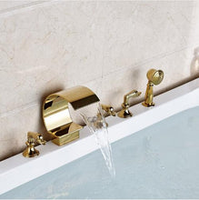 Load image into Gallery viewer, Bathtub Three Handles 5 Pieces Gold Waterfall Shower Faucet With Brass Handheld Spray
