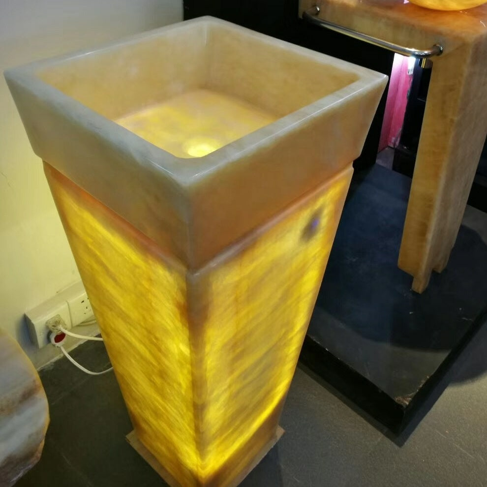 antique onyx wash basin stand bathroom pedestal basin with LED light hand wash basin with pedestal