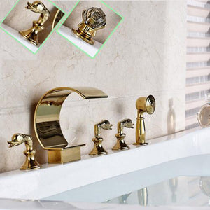 Bathtub Three Handles 5 Pieces Gold Waterfall Shower Faucet With Brass Handheld Spray