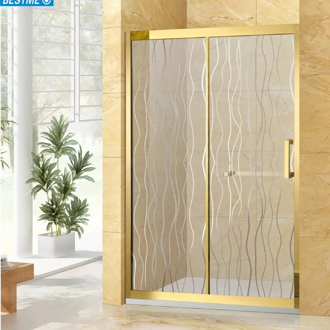 Duschkabine mit goldfarbenem Rahmen, Schiebetür und Steinwanne 