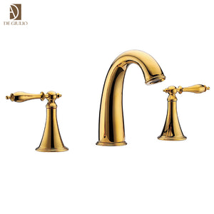 Three Holes Basin Sink Faucet With Swan Spout Gold Finish Bathroom Sink Faucet