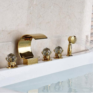 Bathtub Three Handles 5 Pieces Gold Waterfall Shower Faucet With Brass Handheld Spray