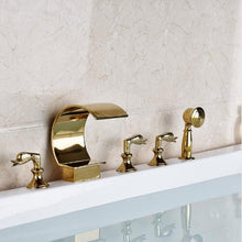 Load image into Gallery viewer, Bathtub Three Handles 5 Pieces Gold Waterfall Shower Faucet With Brass Handheld Spray
