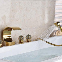 Load image into Gallery viewer, Bathtub Three Handles 5 Pieces Gold Waterfall Shower Faucet With Brass Handheld Spray
