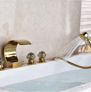 Bathtub Three Handles 5 Pieces Gold Waterfall Shower Faucet With Brass Handheld Spray