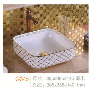 Ceramic Bathroom Accessories Wash Basin White Gold Pattern