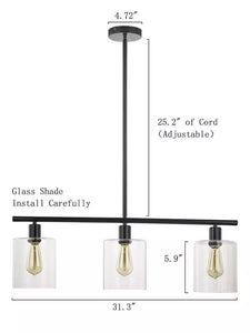 Modern Polished Steel Kitchen or Dining 3-Lights Linear Pendant Lamp