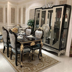 Italian style ebony color dining room furniture with 4 doors display cabinet and fabric dining chair