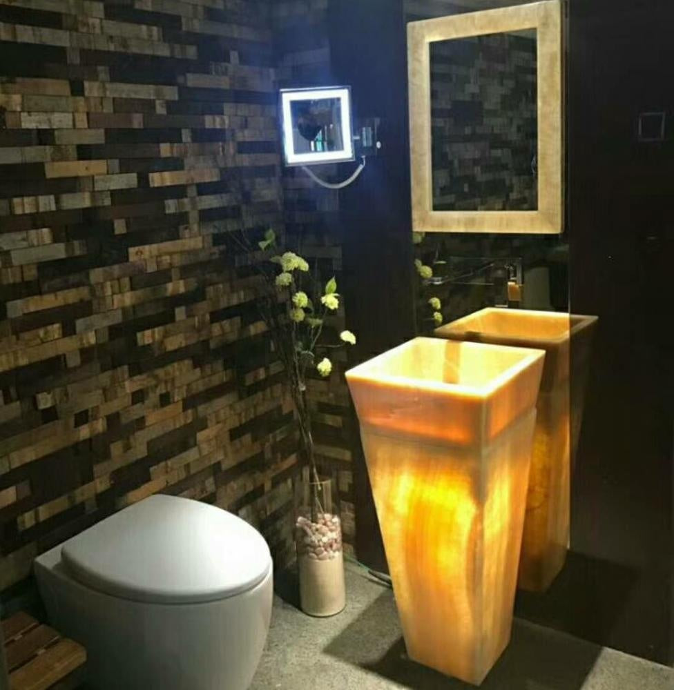 antique onyx wash basin stand bathroom pedestal basin with LED light hand wash basin with pedestal