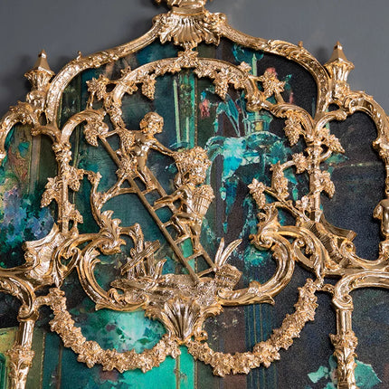 Luxurious European Palace Style Antique Marble Surface Golden Copper Console Hotel Lobby Matching European Style Wall Painting