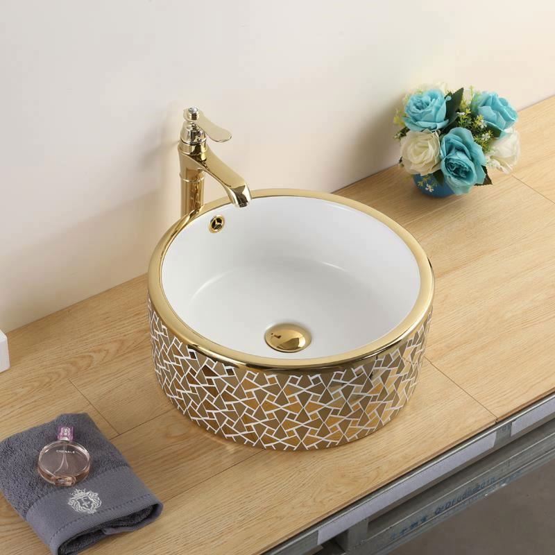 Ceramic bathroom accessories wash basin Gold with Pattern Triangle