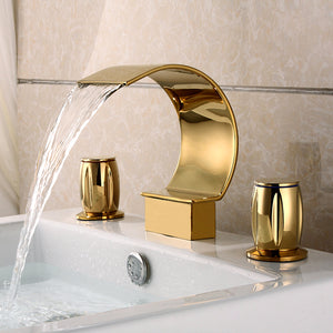 Modern deck mount three holes brass gold waterfall bathroom basin faucet
