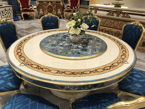 Luxury antique Italian style solid wood marquetry 8 seater european round dining table with rotating centre