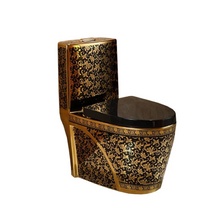 Load image into Gallery viewer, Ceramic Floor Mounted  Black with Gold Toilet With Pedestal Basin Set
