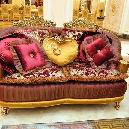 Luxuriöses Sofa-Set im europäischen Villenstil, klassisch goldfarben, aus massivem Holz, handgeschnitzt, mit Stoffbezug 