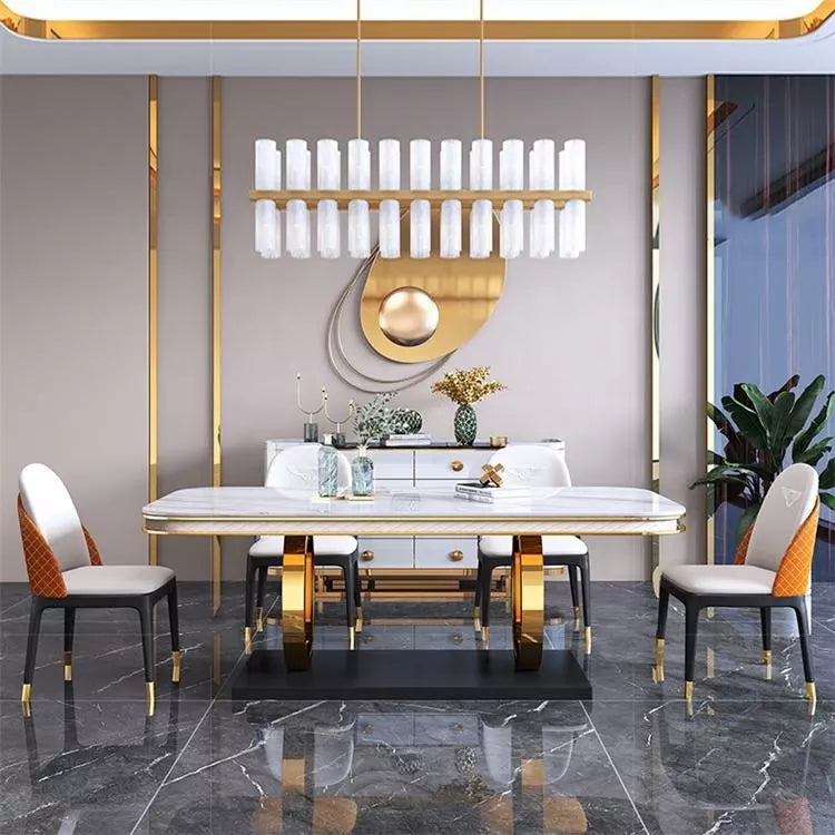 Stainless Steel Long Restaurant Dining Table Electroplated Gold Slate Marble