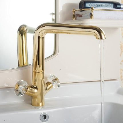 Deck Mounted Dual Crystal Handle Golden Basin Faucet on Stage Basin Sink
