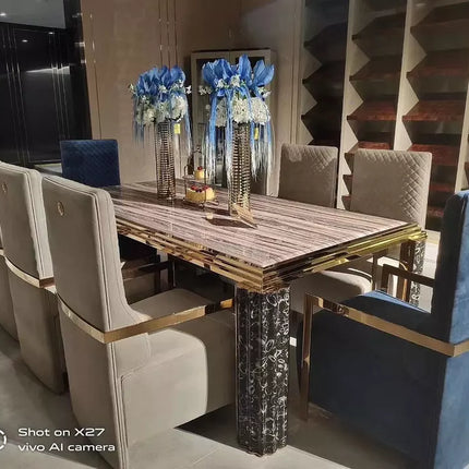 Ensemble de table à manger 8 places de luxe moderne avec mobilier en bois, marbre et cuir 