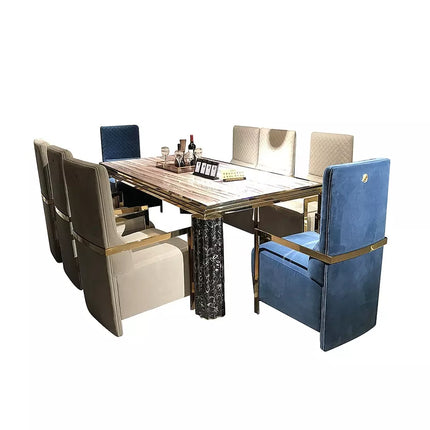 Ensemble de table à manger 8 places de luxe moderne avec mobilier en bois, marbre et cuir 