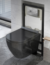 Load image into Gallery viewer, Hanging Wall Mounted Toilet Bowl Black with Wall Push Buttons.
