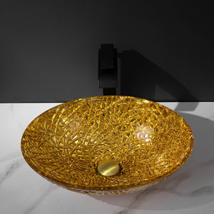 Golden Oval Shaped Bowl Artistic Color Tempered Glass All in One Italian Commercial Bathroom Sink and Countertop