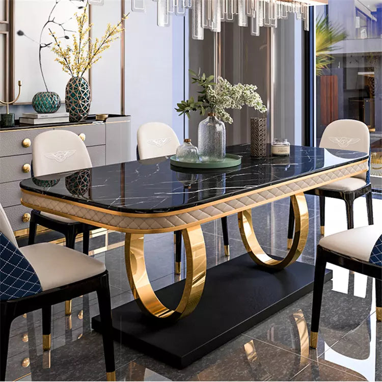 Stainless Steel Long Restaurant Dining Table Electroplated Gold Slate Marble